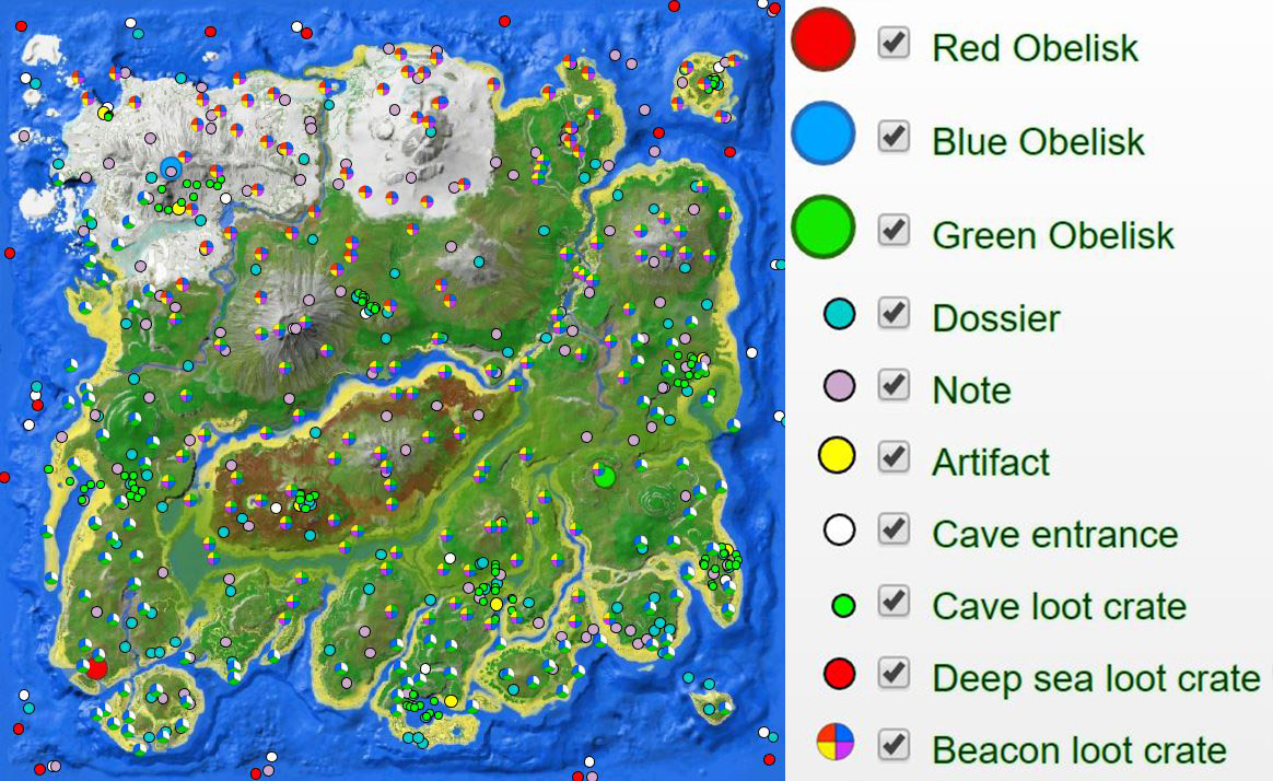 [ Explorer Ark Map ] Các địa điểm và nhiệm vụ Ark Survival Evolved