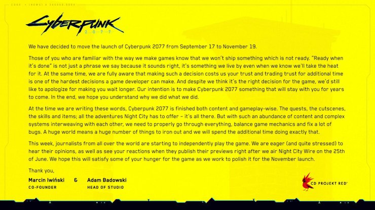 Cyberpunk 2077 hoãn ngày ra mắt đến tận tháng11