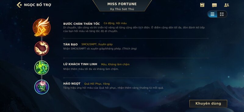 Bảng ngọc cho Miss Fortune Tốc Chiến