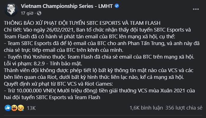 án phạt cho sbtc và team flash