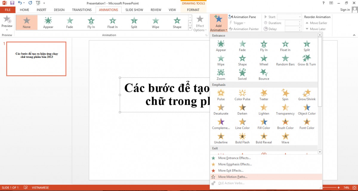 Tạo hiệu ứng chạy chữ trong Powerpoint 2013 với 5 bước đơn giản