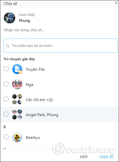 Cách chia sẻ danh bạ trên Zalo