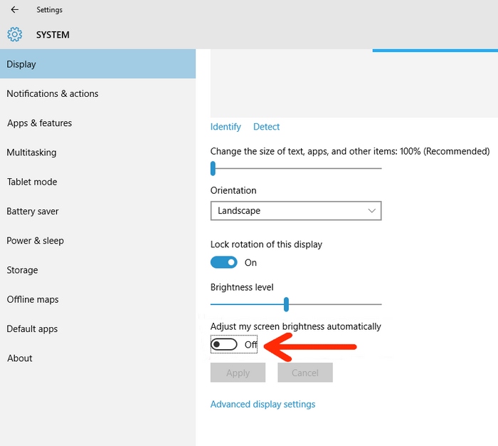 Tắt tính năng tự điều chỉnh độ sáng màn hình Windows 10