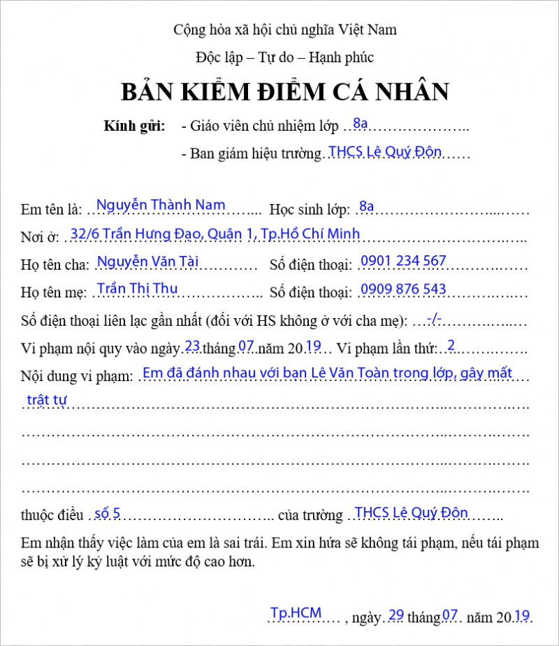 viết bản kiểm điểm