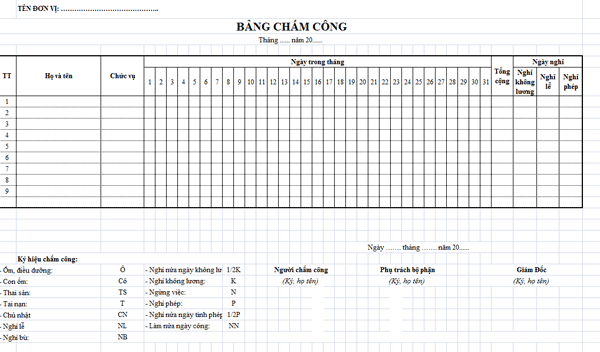 Mẫu bảng chấm công file excel, word 2021