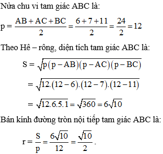 Cách tính bán kính đường tròn nội tiếp tam giác cực hay, chi tiết - Toán lớp 10.