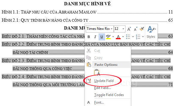 Chọn Update Field Tạo danh mục bảng biểu trong Word tự động