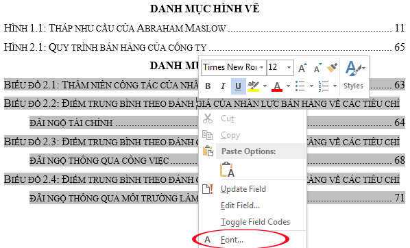 Chọn Font để thay đổi phông chữ Tạo danh mục bảng biểu trong Word tự động
