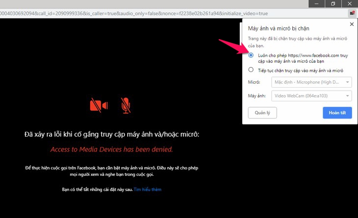 Lỗi không gọi được video trên Facebook Messenger trên máy tính laptop