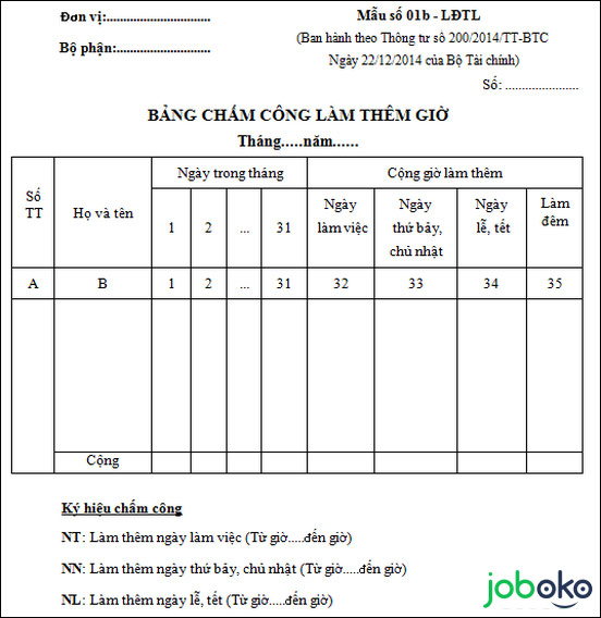 bảng chấm công word